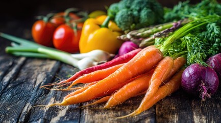 Fresh, vibrant vegetables on rustic wooden table
