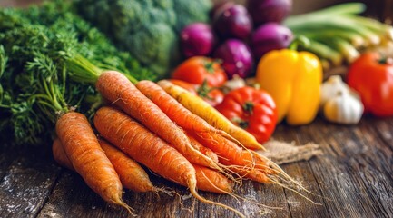 Freshly harvested carrots and assorted vegetables on rustic wood