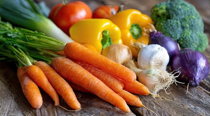 Fresh vegetables arranged on rustic wooden surface.  Close-up view of carrots, peppers, tomatoes, onions, garlic, broccoli, and leeks