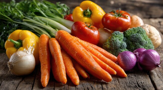 Colorful assortment of fresh vegetables on rustic wooden table - Powered by Adobe