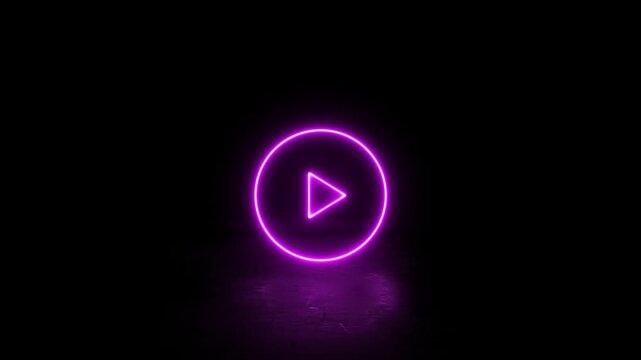 Neon play button icon purplecolor 4k video animation. Neon play button neon circle 4k video animation.Glowing a play button multimedia on black background. Play right triangle arrow start button.