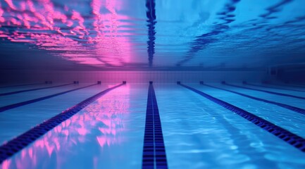 Underwater view of a swimming pool lane with vibrant pink and blue lighting