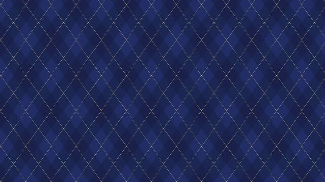 Elegant Christmas argyle vector pattern navy blue with thin golden dotted lines, seamless dark geometric festive background animation for fabric, textile, men&rsquo;s clothing, wrapping paper or holiday bac