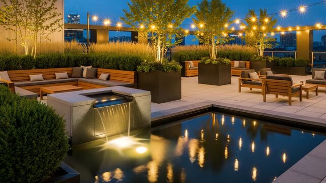 Rooftop garden with a water feature and string lights at dusk in city