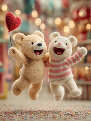 Three cheerful teddy bears celebrate with balloons and confetti in a joyful party scene