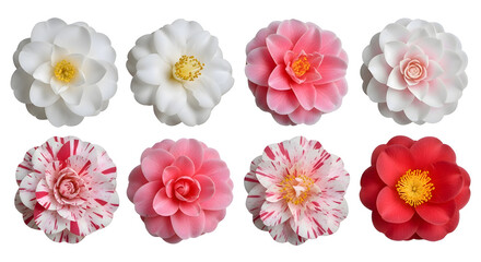 A beautiful collection of various camellia flowers in full bloom, showcasing a vibrant array of white, pink, and red petals isolated on a white background