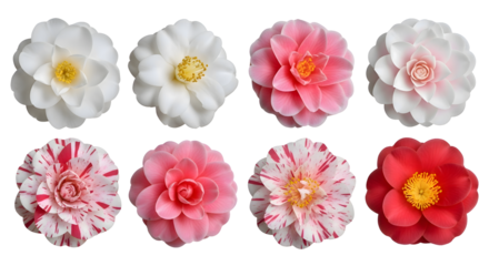 A beautiful collection of various camellia flowers in full bloom, showcasing a vibrant array of white, pink, and red petals isolated on a white background