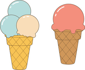 Colorful ice cream cones, pastel scoops, pink dessert, summer treat, sweet food, cartoon style, playful illustration, isolated white background