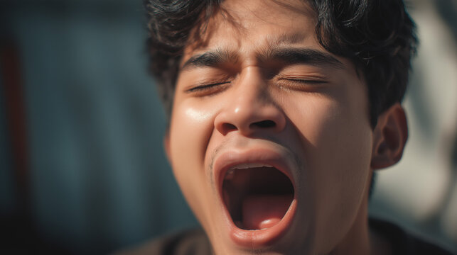 A high-end studio shot showcasing emotion expressive human portrait: close-up of furrowed brow, puckered lips, bared teeth - angst...