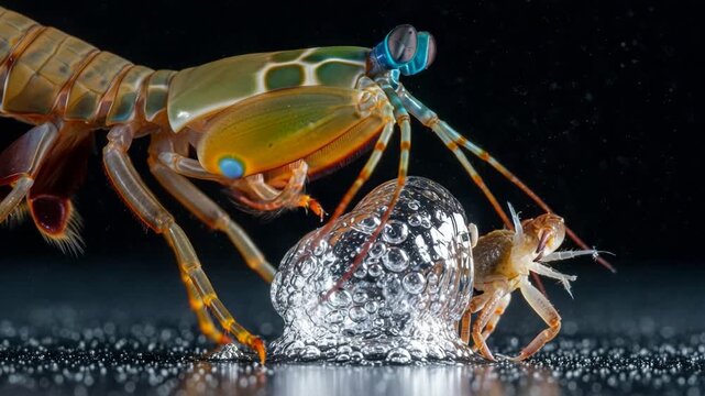 Colorful mantis shrimp with prey and bubble on a dark background