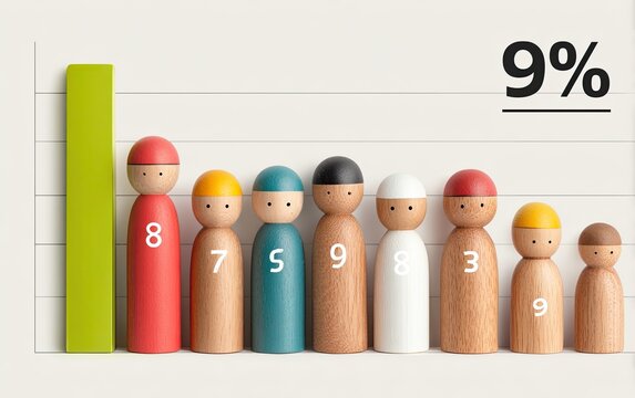 A bar graph with wooden figurines, showing percentages
