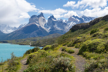 View of the mountain landscape in the national park Torres del Paine, Patagonia, Chile, South America. The lake Pehoe and the horns.