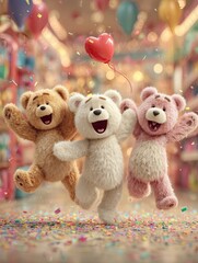 Three cheerful teddy bears celebrate with balloons and confetti in a joyful party scene