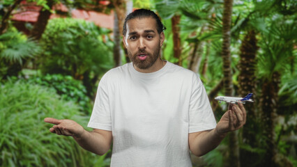 Fototapeta premium Man wearing white t shirt holds a toy airplane model in his right hand and shrugs palms up in green forest; uncertainty travel choices.