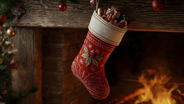Festive christmas stocking overflowing with treats hangs by cozy fireplace