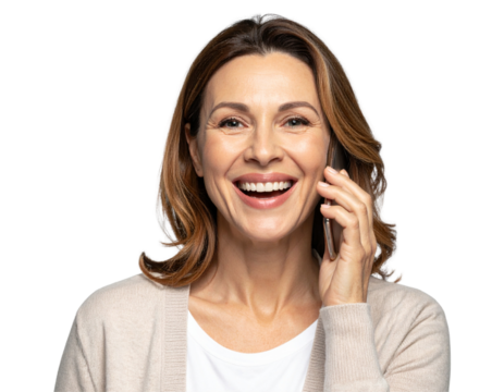 Cheerful woman making phone call, transparent background PNG