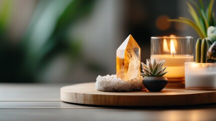 crystal or ritual tool, carefully placed on aged wooden surface, with hints of flowers and candlelight.