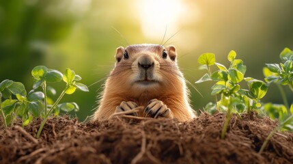 Groundhog emerging from burrow, with warm morning light highlighting moment.