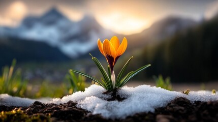 single crocus flower blooming through snow, first signs of spring