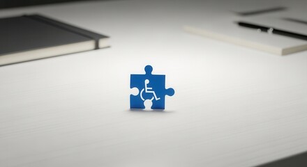 Blue puzzle piece with a wheelchair symbol on an office desk. Disability, accessibility, and workplace inclusion concept. International Day of Persons with Disabilities awareness