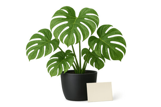 Monstera plant in a simple black pot with a blank card, ready for a personalized message, isolated on a transparent background