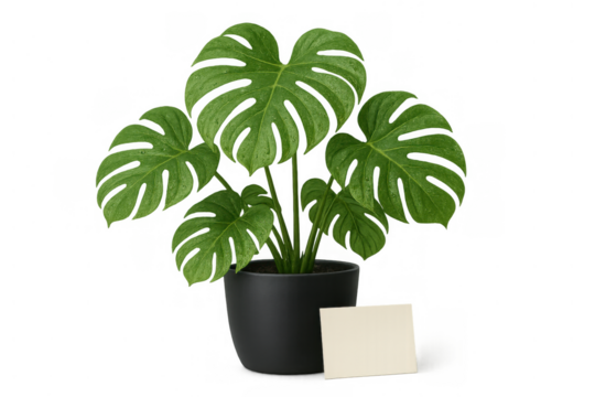 Monstera plant in a simple black pot with a blank card, ready for a personalized message, isolated on a transparent background