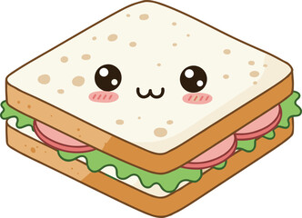 Cute cartoon sandwich, kawaii food illustration, smiling bread character, adorable lunch clipart, kids menu design, playful snack drawing, vector art