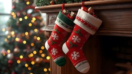 Festive christmas stockings hung by the chimney on a warm holiday evening