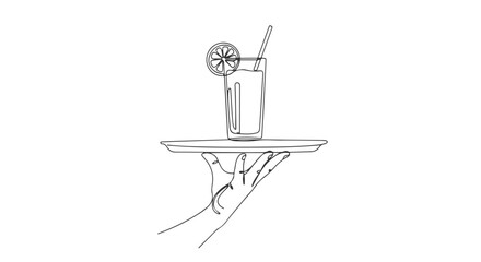 One Line Continuous Drawing of a Hand Holding a Tray with a Refreshing Drink