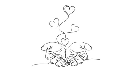 Continuous line art of open hands holding floating hearts, a minimalist one line drawing of love and care