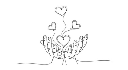 A fluid one continuous line drawing captures the essence of giving and receiving love, with hands gently supporting multiple upward-flowing hearts, symbolizing profound human connection and care