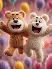 Three cheerful teddy bears celebrate with balloons and confetti in a joyful party scene