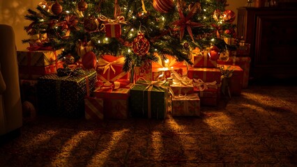 Festive christmas tree scene with presents illuminating a warm interior setting