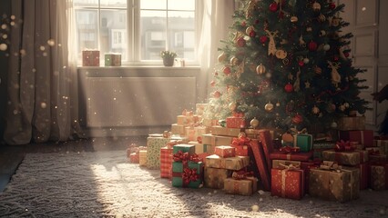 Festive Christmas Tree with Gifts and Glowing Sunlight in a Cozy Room