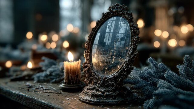 An antique mirror surrounded by candles and evergreen branches. The scene is dimly lit, creating a mysterious atmosphere with soft reflections.