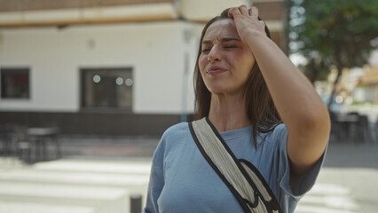 Woman covering mouth with hand on a busy street next to crosswalk and shoulder bag strap visible,...