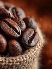 Freshly roasted coffee beans in a woven basket with a warm background