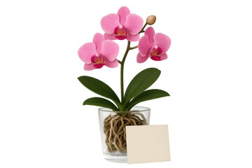 Fototapeta premium Pink orchid plant with visible roots in glass pot, blank card for message, gift or decoration, transparent background