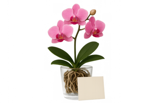 Pink orchid plant with visible roots in glass pot, blank card for message, gift or decoration, transparent background