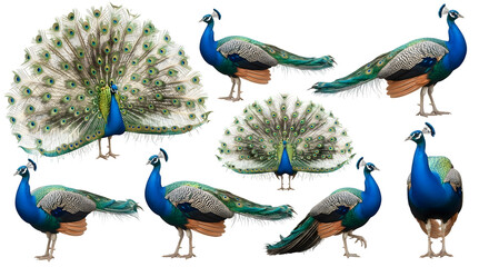 A collection of beautifully rendered Indian peacock illustrations showcasing various poses, including the majestic fanned tail display, isolated on a white background