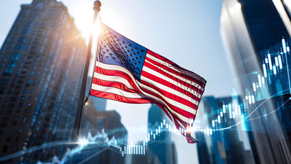 American flag waving proudly amidst new york city skyscrapers and financial data