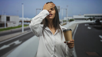 Young hispanic woman holding a takeaway coffee cup, hand to forehead for headache on street near...