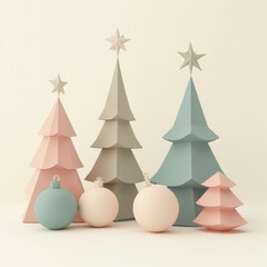 Stylish minimalist Christmas composition with geometric trees and spheres in soft pastel colors. Modern festive abstract background.