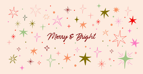 Minimalist Merry and Bright Christmas background with colorful linear stars