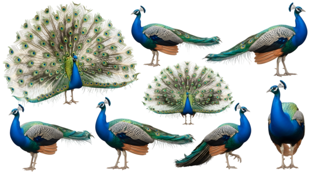 A collection of beautifully rendered Indian peacock illustrations showcasing various poses, including the majestic fanned tail display, isolated on a white background