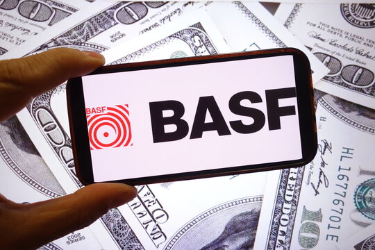 Konskie, Poland - September 28, 2025: BASF company logo displayed on mobile phone