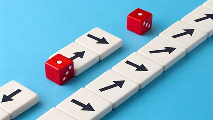 Strategic Moves – Front View Conceptual Symbolism, Arrow Tiles and Dice on Blue Surface, Decision-Making Metaphor