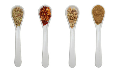 Assorted colorful spices in white ceramic spoons isolated on white background, including red pepper flakes, coriander seeds, fennel seeds, and ground spice, transparent PNG image