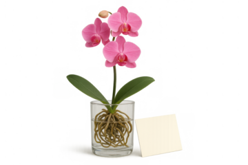 Pink phalaenopsis orchid houseplant in glass vase with blank message card, elegant blooming floral gift