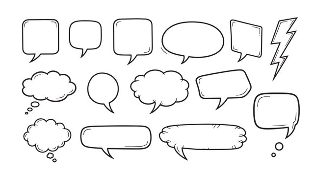 Collection of hand drawn speech bubbles and lightning bolt on transparent background silhouette